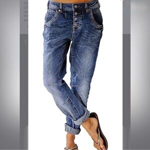 Flamingals Women's Mid Blue Straight Leg Button Fly Mid Rise Denim Pants Size L